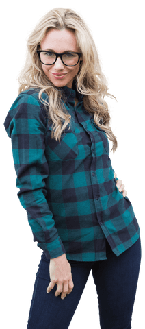 Smiling woman with eyeglasses in checkered shirt transparent background
