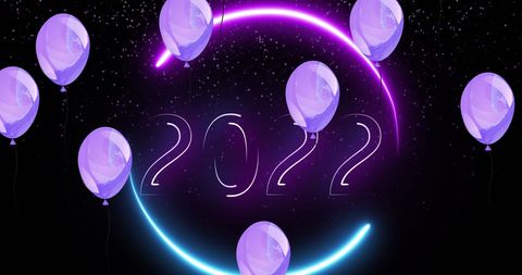 2022 Celebration with Glowing Neon Lights and Purple Balloons