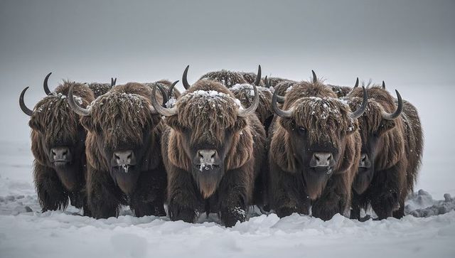 Seven shaggy long-haired cattle standing in snowy tundra facing camera with frosted horns