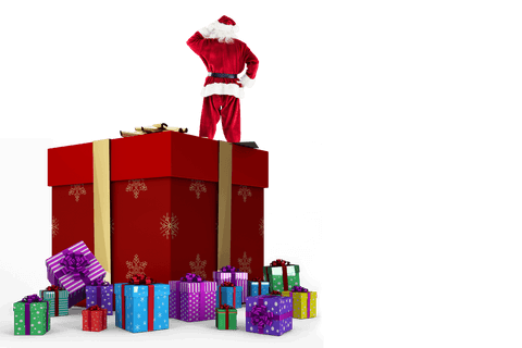 Santa standing confused on giant gift transparent background