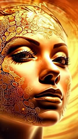 Golden Mosaic Face Rotating to Front and Closing Eyes — Futuristic Vertical Video Loop