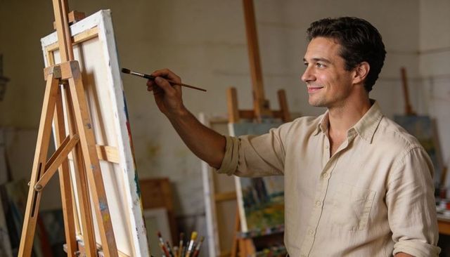 Male artist painting at easel in bright studio workshop holding brush, smiling and focused