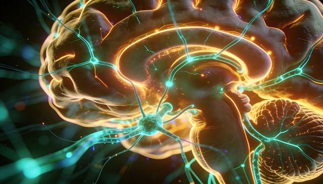 Glowing human brain highlighting active neurons and synapses in 3D bioluminescent render