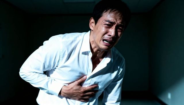 Adult asian man clutching chest, grimacing in dim office, sweating and leaning forward