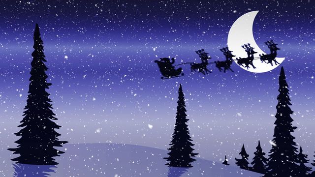 Silhouette of Santa with his sleigh and reindeer flying against a snowy night sky and crescent moon backdrop. Tall pine trees and gently falling snowflakes create a magical winter scene. Ideal for holiday cards, animation backdrops, Christmas event promotions, and winter festive content to evoke a sense of Christmas spirit and tradition.