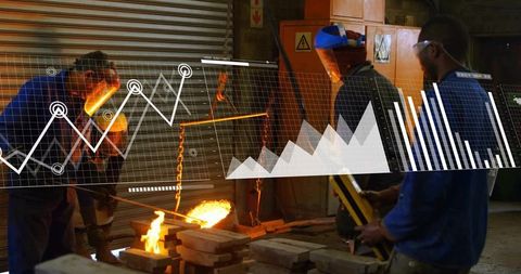 Industrial workforce pouring molten metal with data analytics