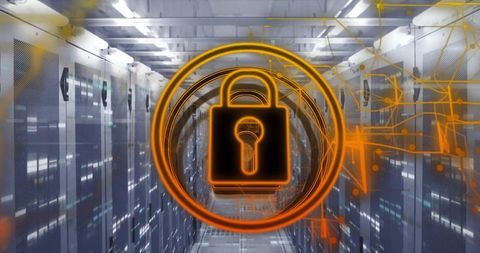 Glowing Padlock Icon Digitally Overlayed on Futuristic Server Room