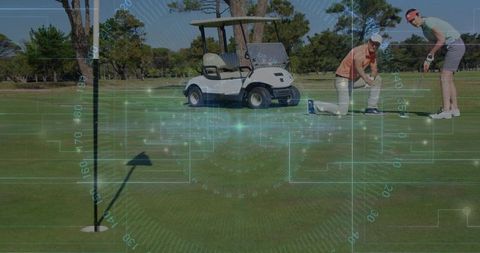 Woman Analyzing Putt with Golf Cart and HUD Technology on Golf Course