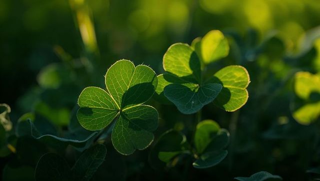 Backlit Clover Leaves Glowing with Sunlit Veins, Macro Nature Close-Up for Backgrounds