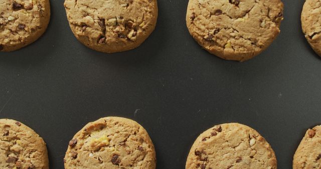 Image shows chocolate chip cookies in a neat arrangement on a dark surface, creating a tempting visual pattern. Useful for illustrating homemade baking, dessert recipes, bakeries, and food blogs. Ideal for use in cookbooks, culinary websites, and social media posts about cooking and baked goods.