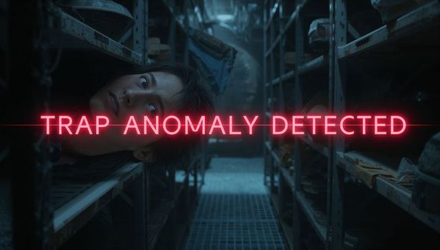 Peeking woman in narrow storage corridor under neon trap anomaly detected warning
