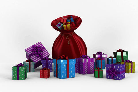 Festive transparent christmas gifts and santa's sack