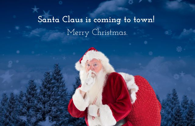 Santa Claus Posing with Hush Gesture Holding Gift Sack in Festive Scene - Download Free Stock Templates Pikwizard.com