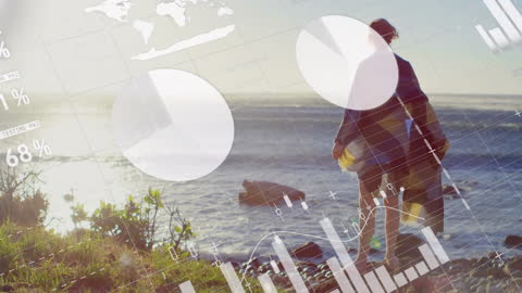 Financial Data Animation Overlay on Woman by the Sea