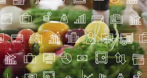 Panning and Zooming Over Fresh Bell Peppers with Floating Commerce Icon Grid Presenting Produce