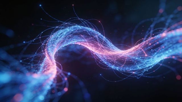 Glowing cyan and pink particle ribbon twisting through dark space for tech background