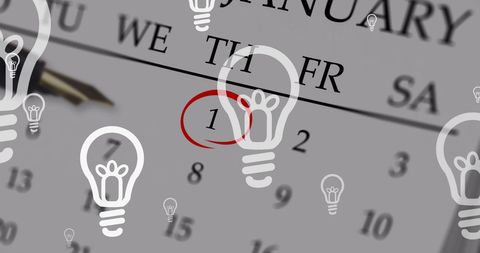 light bulbs floating over a january calendar symbolize new ideas and creative planning for new year's resolutions. perfect for articles related to goal setting, innovation, and motivation, especially around the new year. useful for advertising productivity or personal development workshops aimed at setting clear goals during the first month of the year.