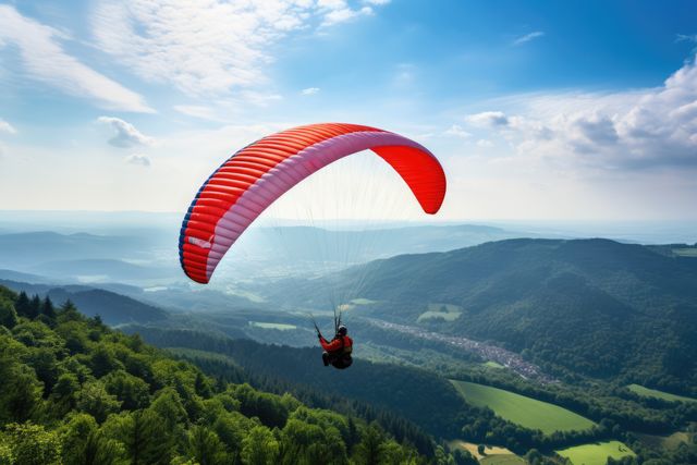 Paraglider drifting over countryside landscape with clouds, created using generative ai technology. Paragliding, sports, flying and freedom concept digitally generated image.