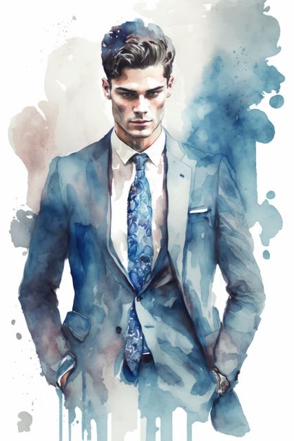 This illustration portrays a confident businessman wearing a suit and tie, depicted in a watercolor painting style. The artistic splashes and gradients create a modern and stylish impression, making it suitable for business, fashion, and lifestyle content. Perfect for use in websites, marketing materials, corporate presentations, and editorial illustrations.