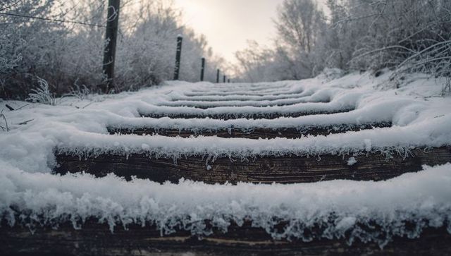 Leading snow-covered wooden steps guiding up frosted winter trail with fence posts