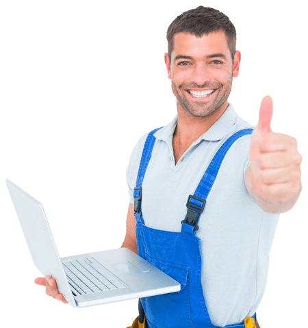 Handyman Giving Thumbs Up Holding Laptop Transparent Background - Download Free Stock Videos Pikwizard.com