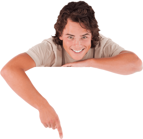 Smiling Young Man Pointing at Blank Transparent Space for Text