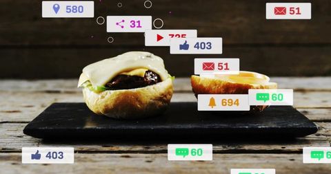 Cheesy slider and egg bun showcasing social media engagement badges on rustic slate