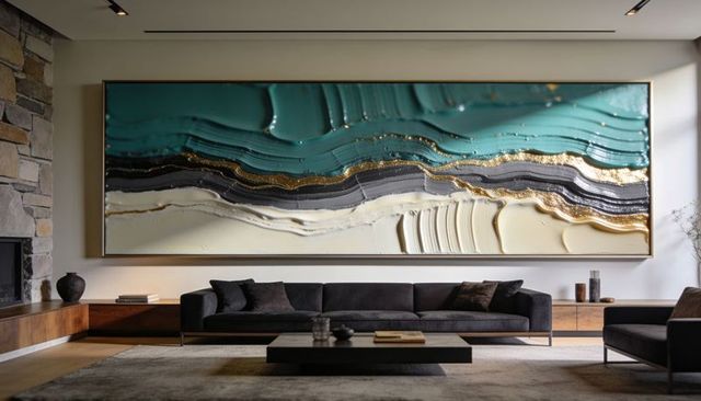 Oversized teal and gold textured abstract artwork commanding modern living room focal point