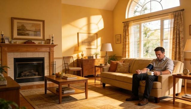 Adult man measuring blood pressure in sunlit cozy living room with fireplace and arched window
