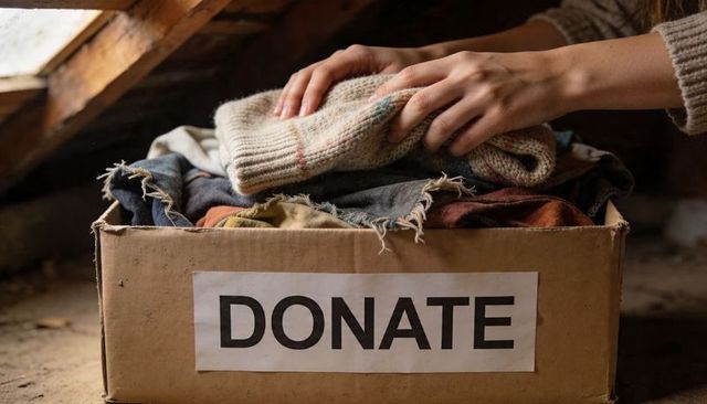 Placing knit sweater into box marked donate for charity clothing drive and textile reuse