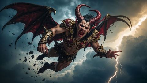 Satan warrior roaring under lightning-filled stormy sky