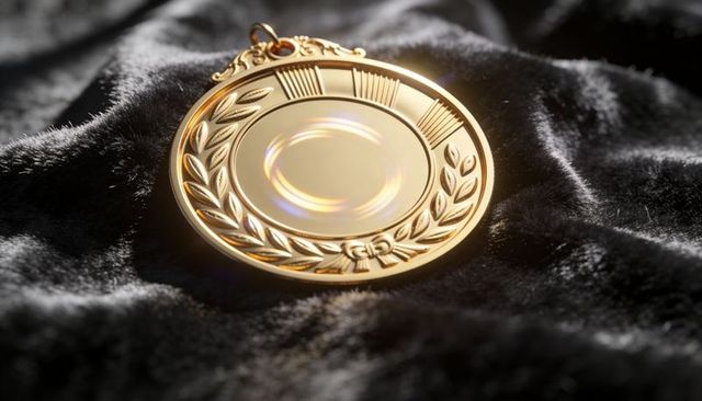Resting gold medal with laurel wreath and blank engraving plate on dark velvet background