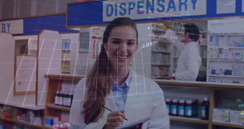 Pharmacist Analyzing Financial Data in Drugstore Environment