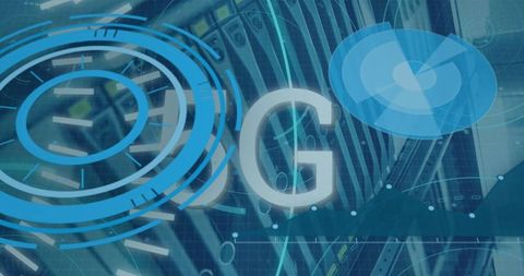 Conceptual digital interface with 5g in server room background