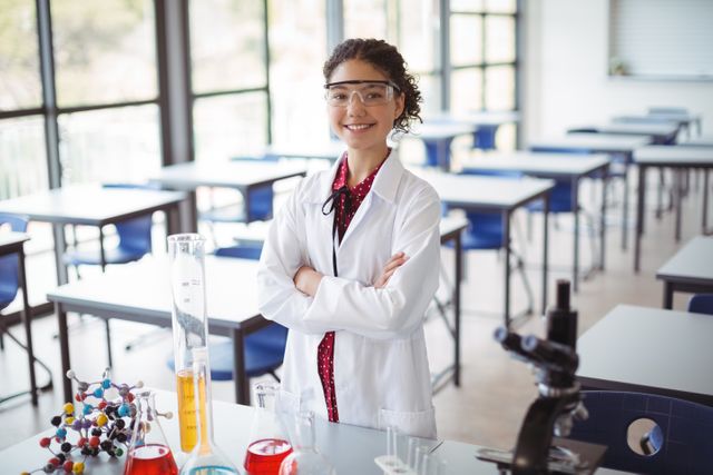 Portrait of schoolgirl in lab coat standing with arms crossed in laboratory - Download Free Stock Photos Pikwizard.com
