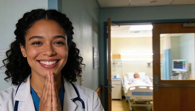 Smiling female doctor standing in hospital corridor with patient resting in ward bed
