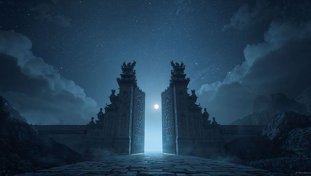 Ornate Stone Gates Under Starry Night Sky