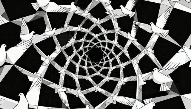White dove spiral forming geometric tunnel, high-contrast monochrome tessellation art