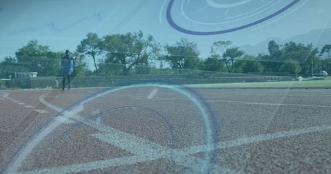 African American Athlete Running on Track with Digital Data Overlay