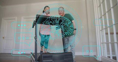 Senior couple checking smart treadmill with ai coaching overlay in bright home gym