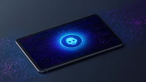 Digital Skull Icon Glowing on Tablet with Futuristic Circuit