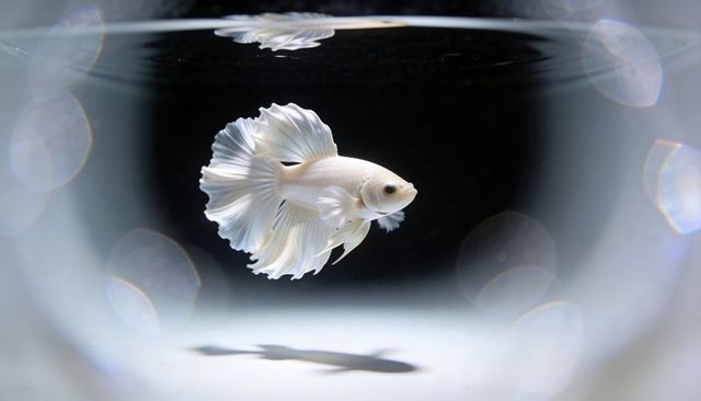 Floating white halfmoon betta fanning ruffled fins in glass bowl with bokeh reflections