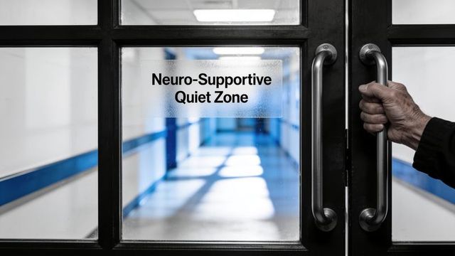 Senior hand pulling glass door marked neuro-supportive quiet zone in clinic corridor