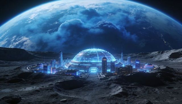 Futuristic domed lunar colony glowing beneath planetrise with neon city lights