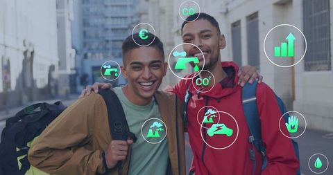 Smiling Friends with Eco-Friendly Technology Infographics Downtown