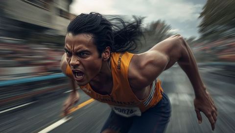 Sprinting athlete charging midstride on wet urban street with fierce focus