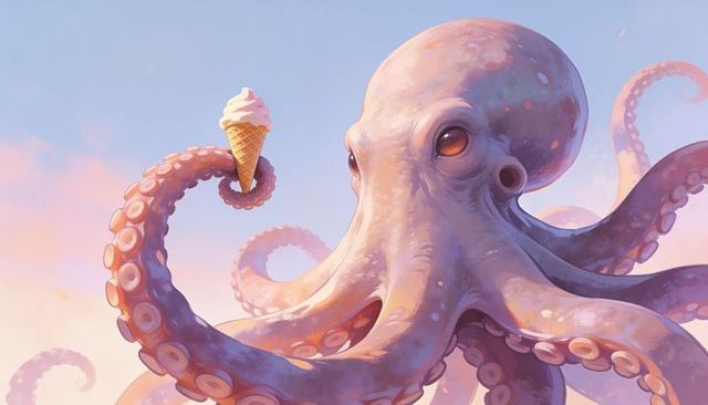 Giant octopus holding ice cream cone in pastel sunrise dreamscape