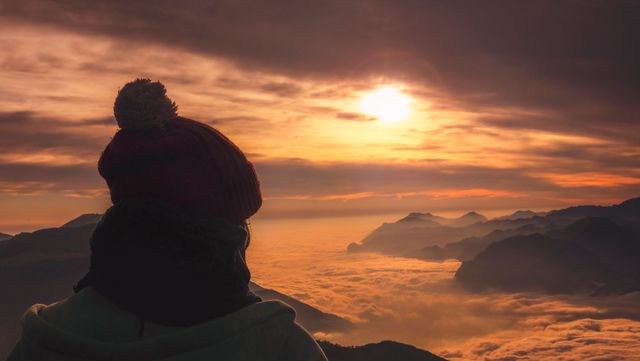 Woman Admiring Mountain Sunrise Above Clouds - Download Free Stock Photos Pikwizard.com