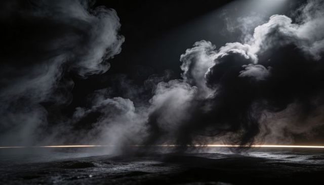 Billowing smoke plumes backlit by rim light over textured ground, moody cinematic volumetric fog