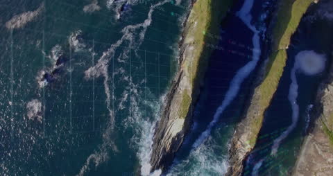 Financial Data Animations Overlay on Coastal Landscape